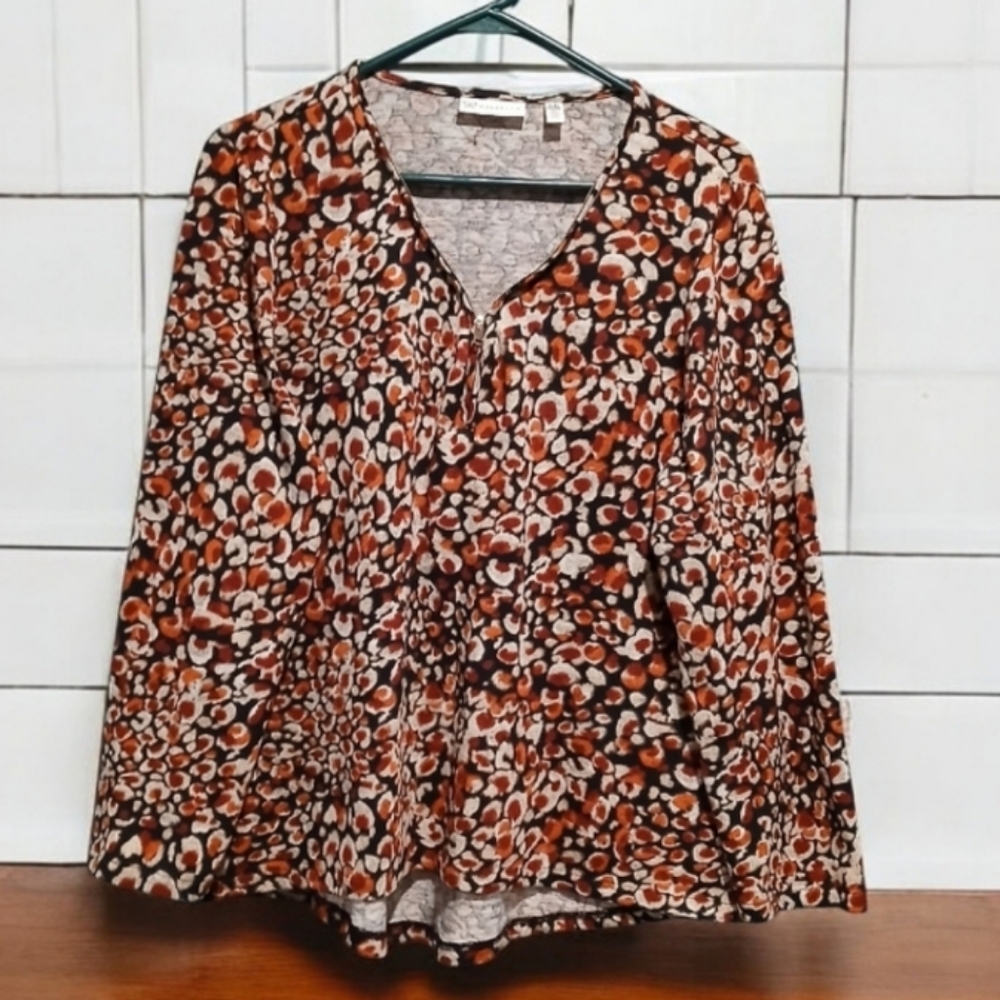 Raffaella Black Orange Long Sleeve Zip Vneck Shirt Blouse Womans size XL P